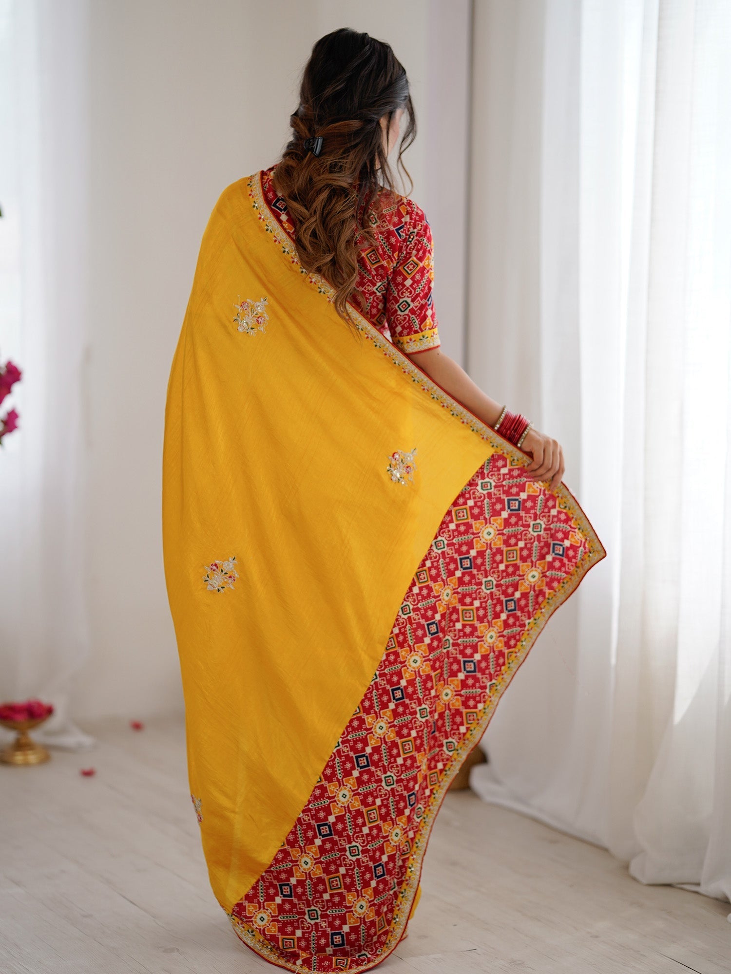 Yellow Embroidered Satin Saree with Patola Print Blouse - Ressa
