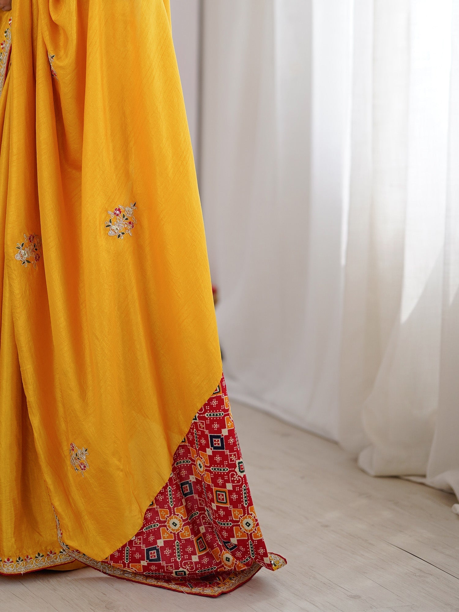 Yellow Embroidered Satin Saree with Patola Print Blouse - Ressa