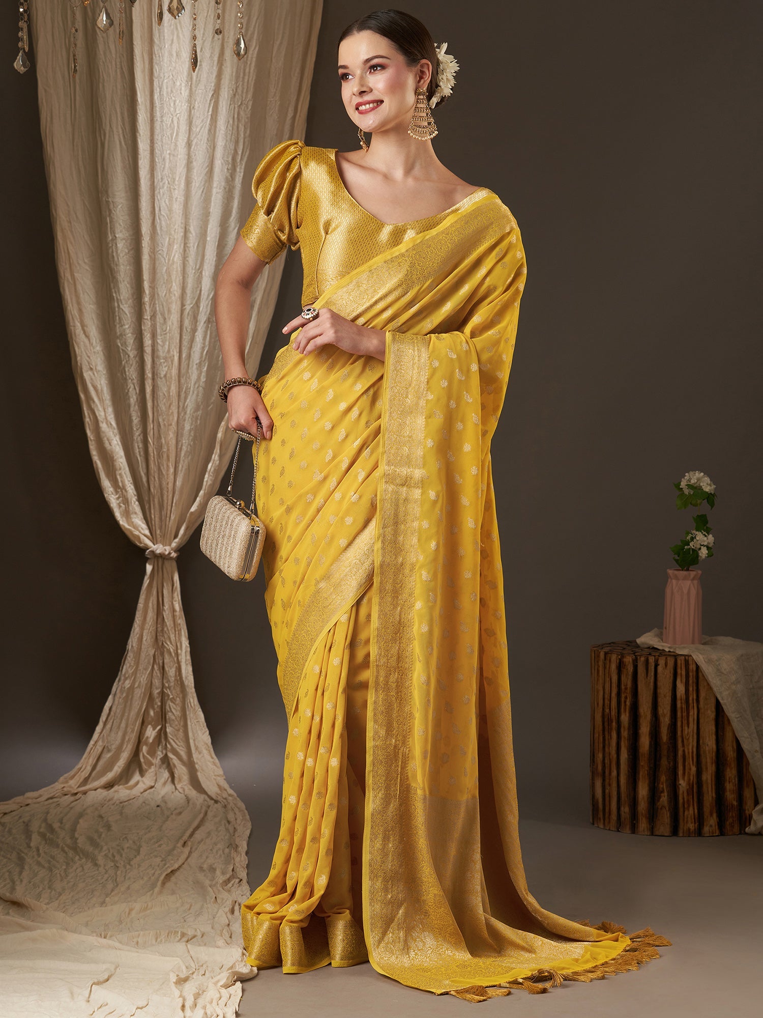 Yellow Floral Georgette Saree with Jari Border - Ressa