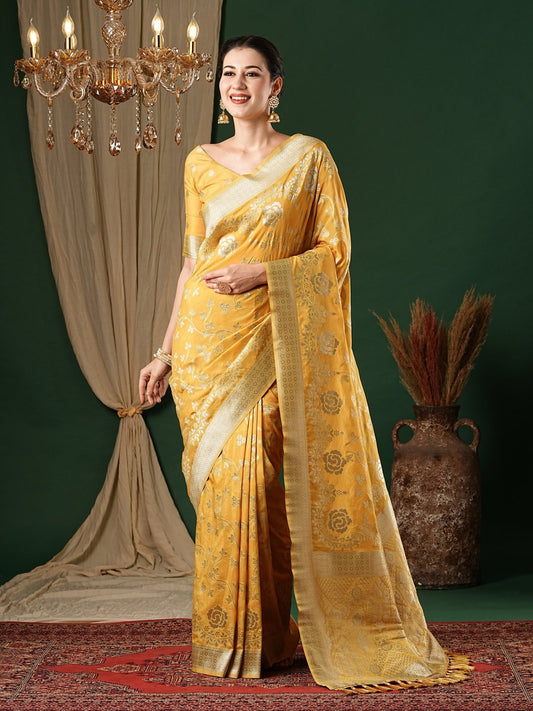 Yellow Floral Georgette Saree with Jari Border - Ressa