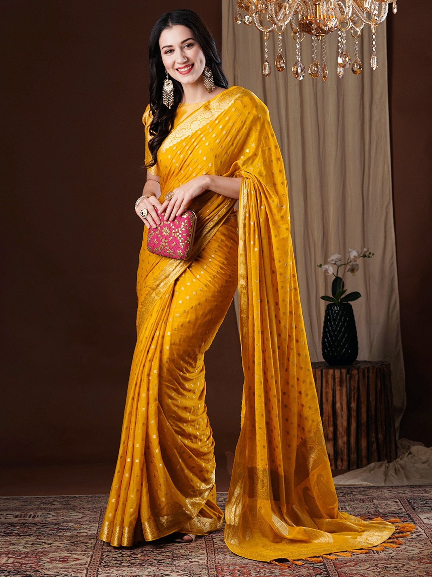 Yellow Floral Georgette Saree with Jari Border - Ressa