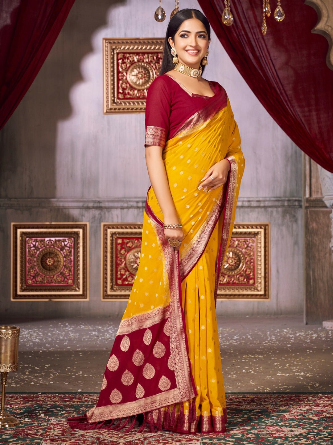 Yellow Floral Georgette Saree with Jari Border - Ressa