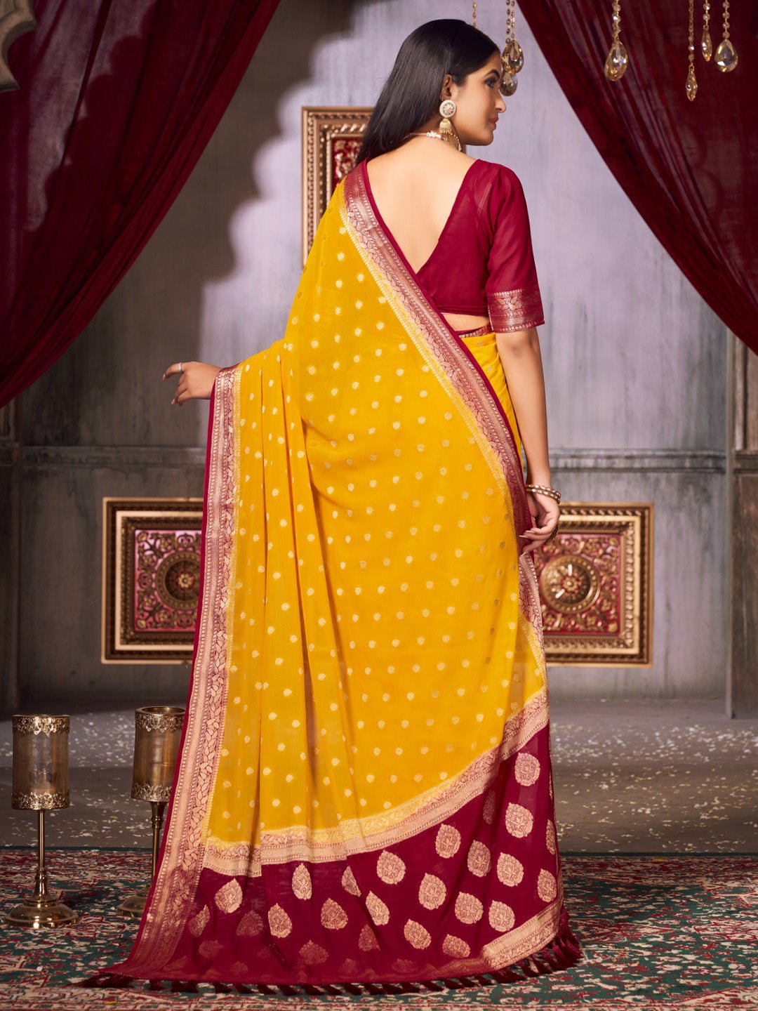 Yellow Floral Georgette Saree with Jari Border - Ressa