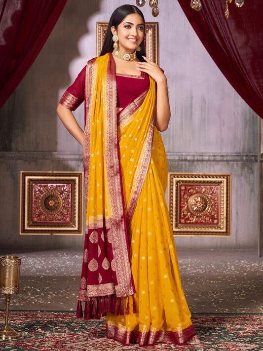 Yellow Floral Georgette Saree with Jari Border - Ressa