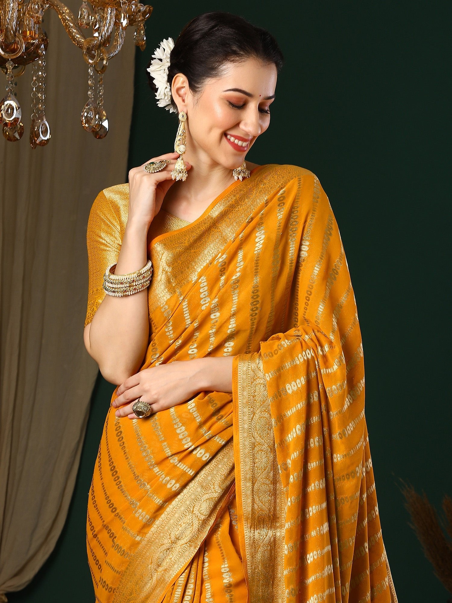 Yellow Floral Georgette Saree with Jari Border - Ressa