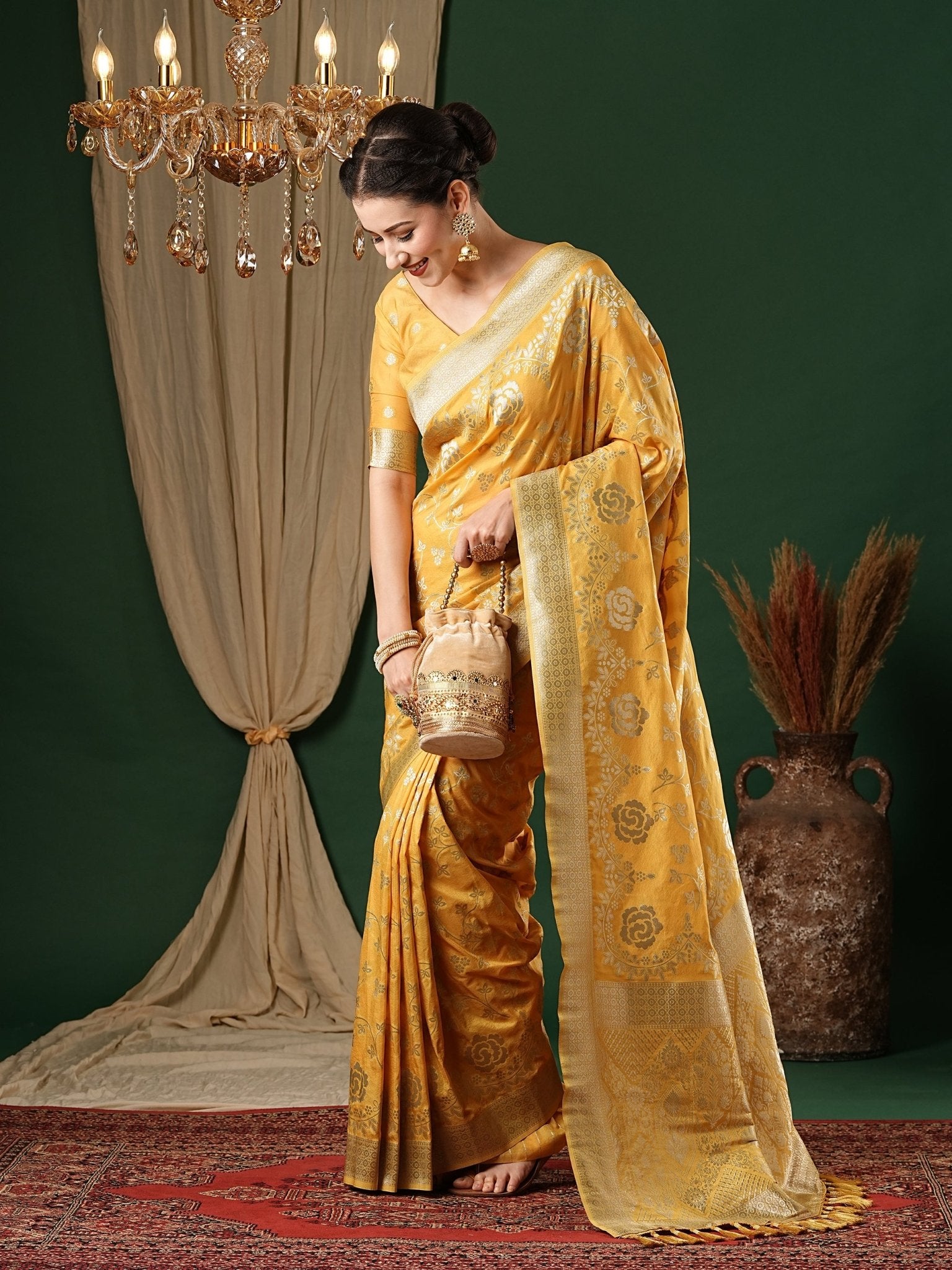 Yellow Floral Georgette Saree with Jari Border - Ressa