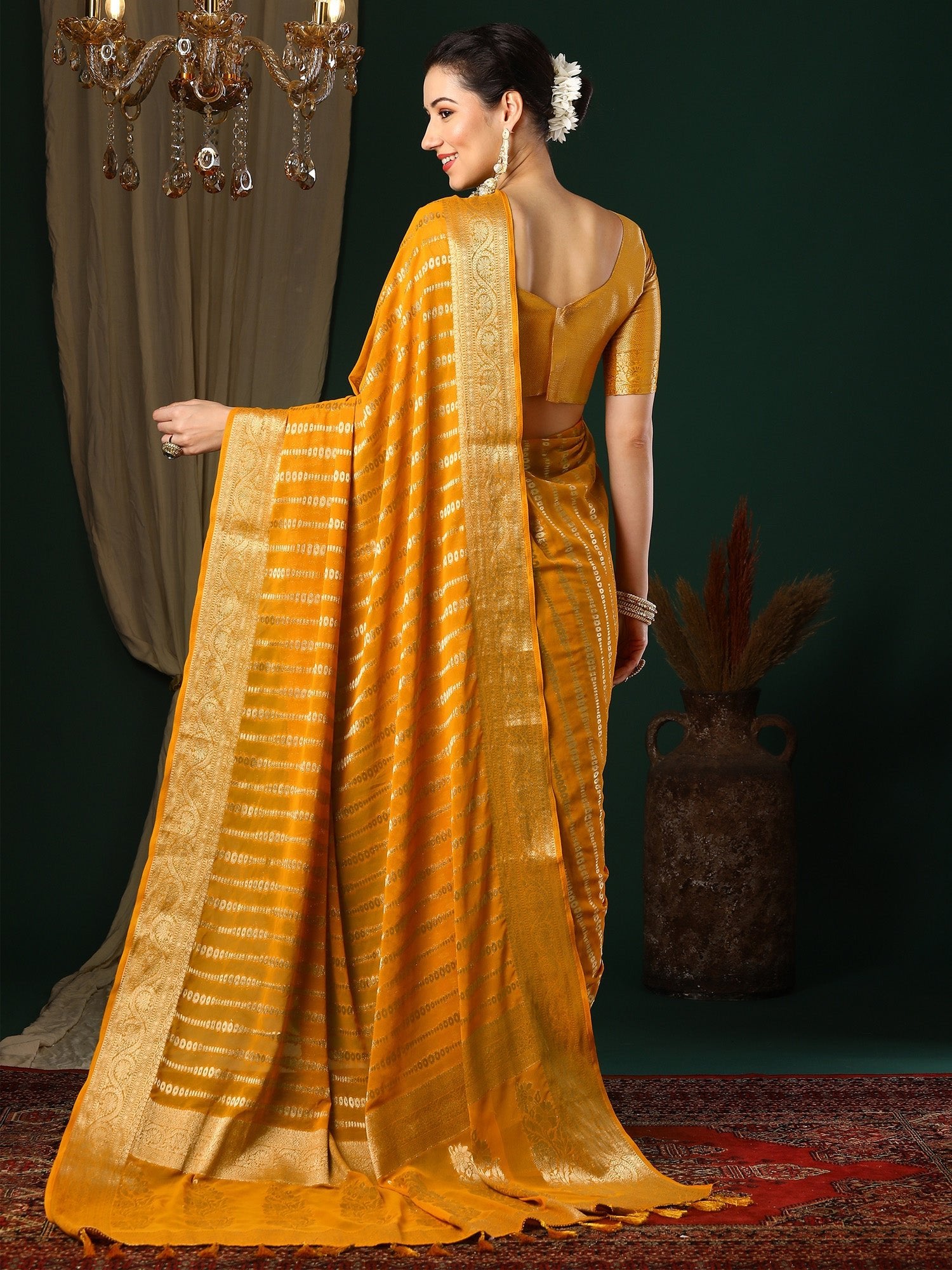 Yellow Floral Georgette Saree with Jari Border - Ressa