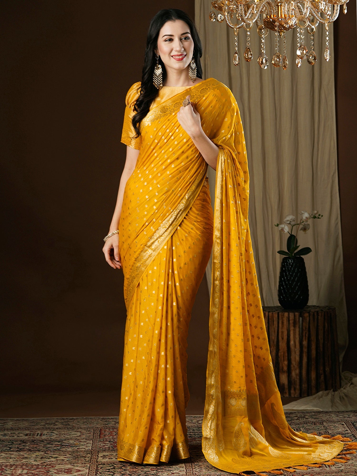 Yellow Floral Georgette Saree with Jari Border - Ressa
