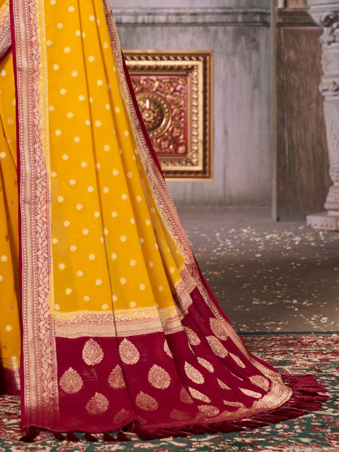 Yellow Floral Georgette Saree with Jari Border - Ressa