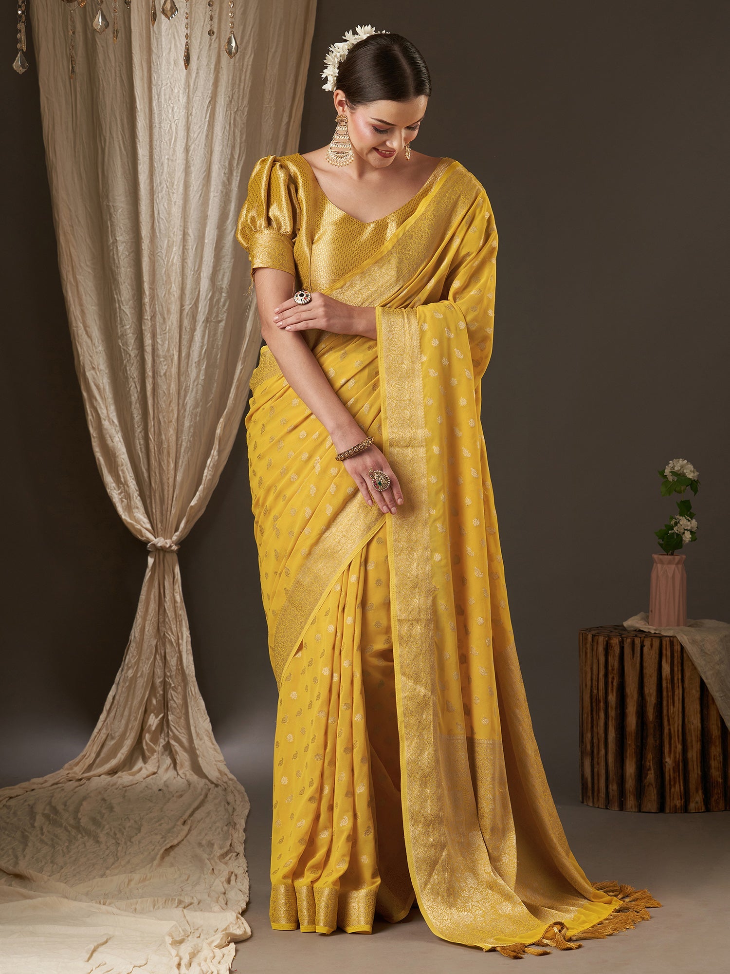 Yellow Floral Georgette Saree with Jari Border - Ressa