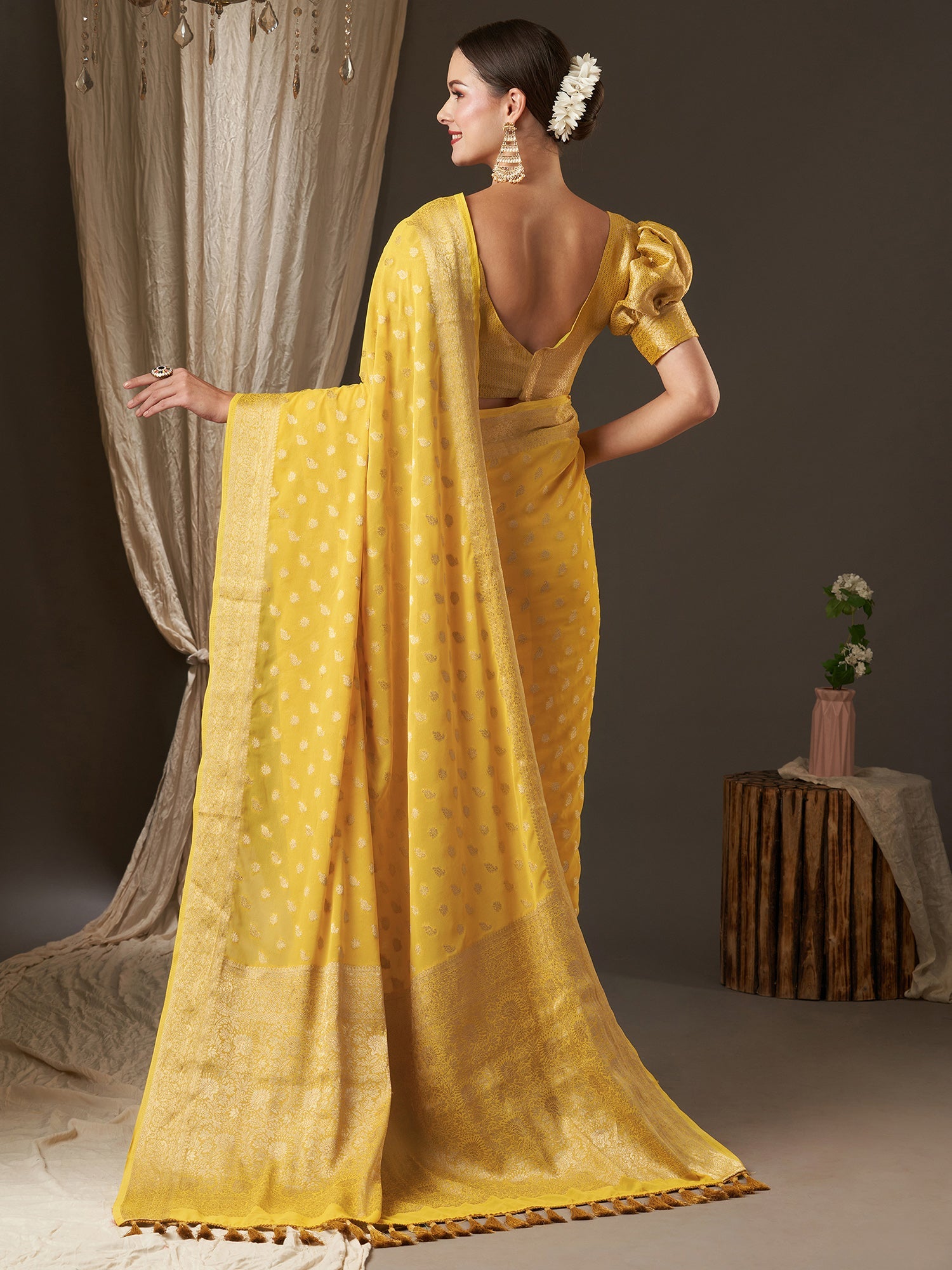 Yellow Floral Georgette Saree with Jari Border - Ressa