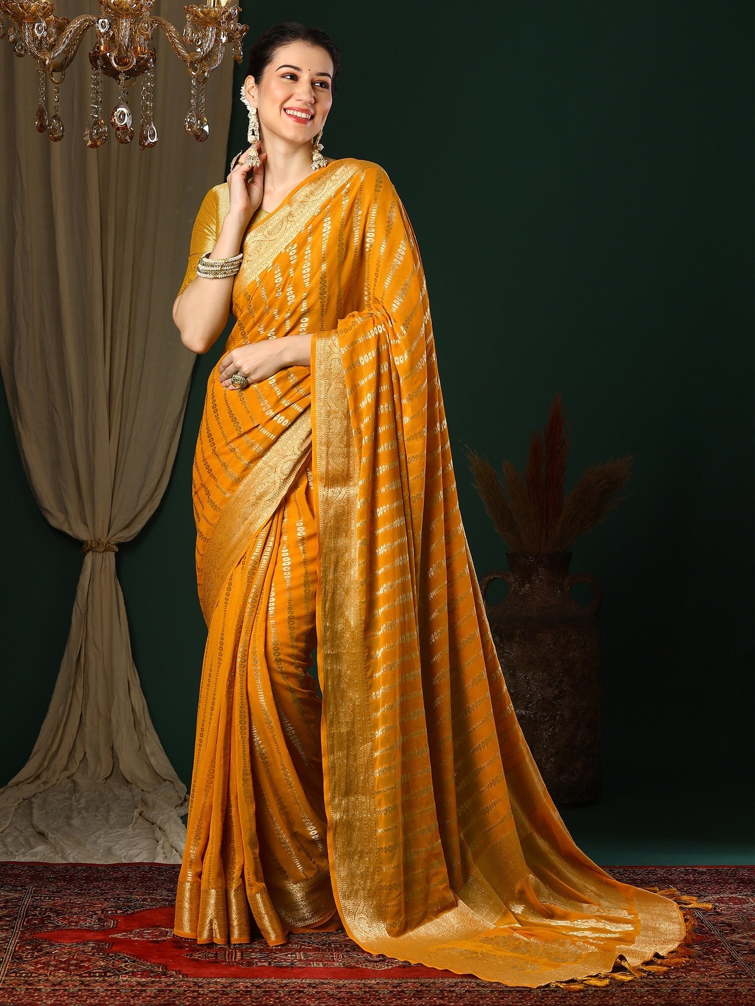 Yellow Floral Georgette Saree with Jari Border - Ressa