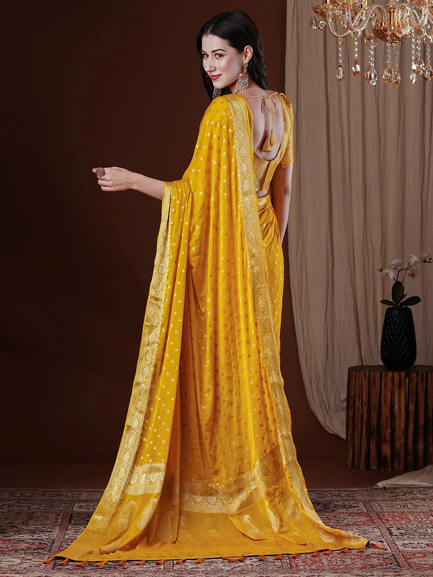 Yellow Floral Georgette Saree with Jari Border - Ressa