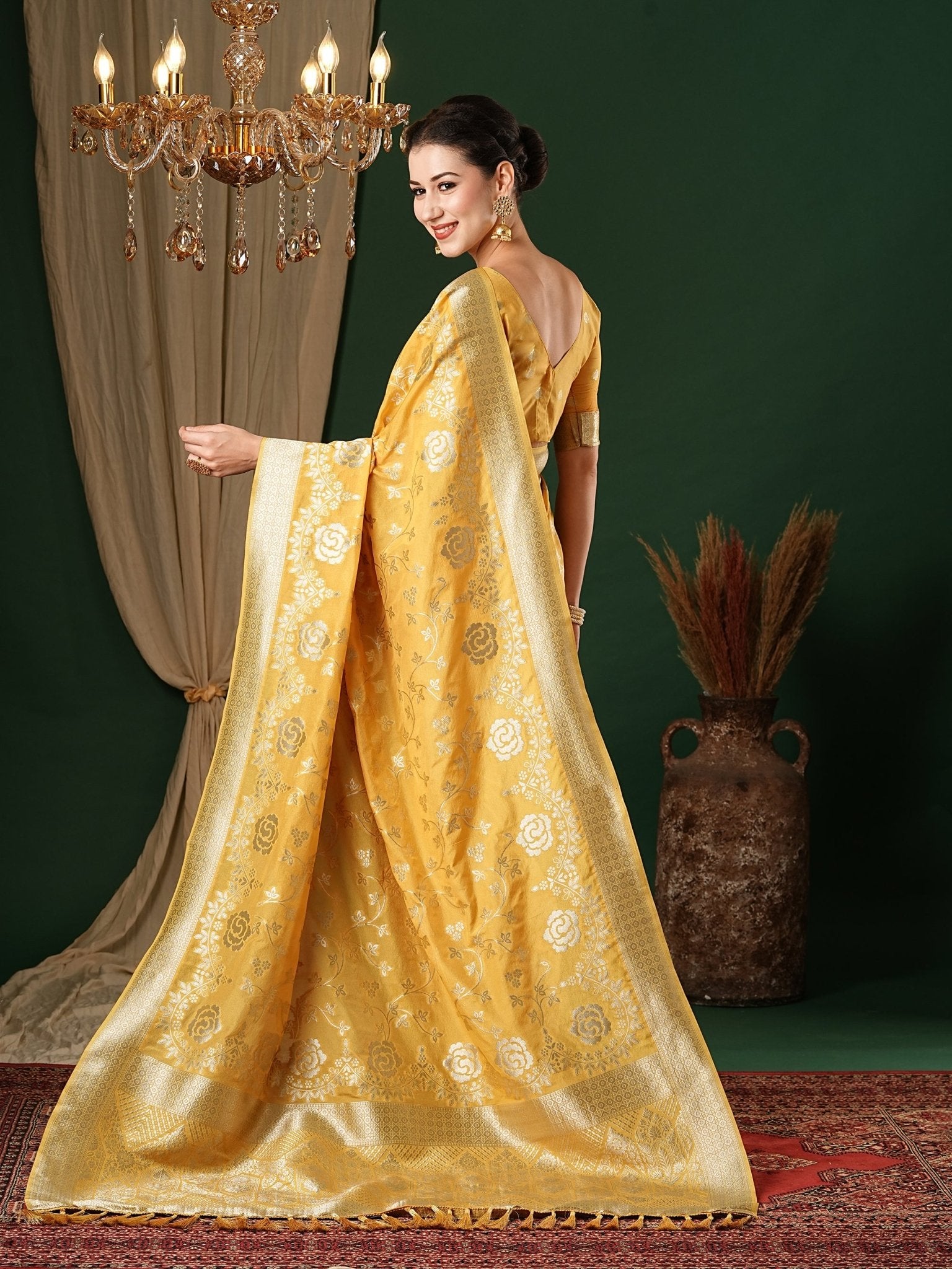 Yellow Floral Georgette Saree with Jari Border - Ressa