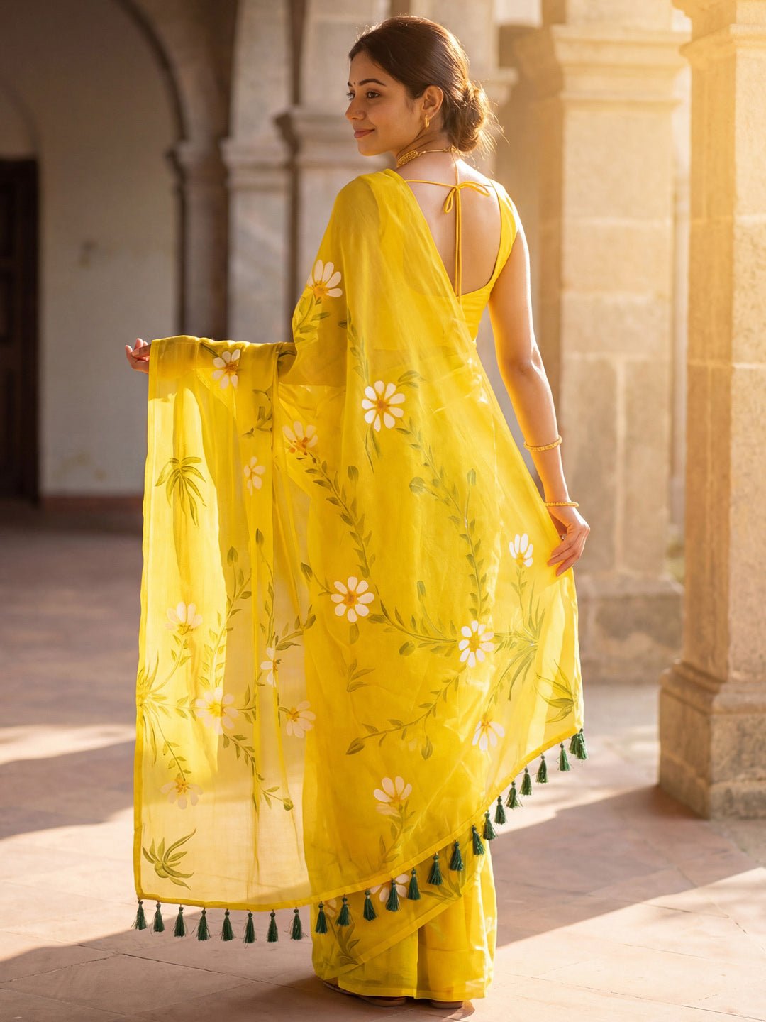 Yellow Floral Hand-Painted Chinnon Saree - Ressa