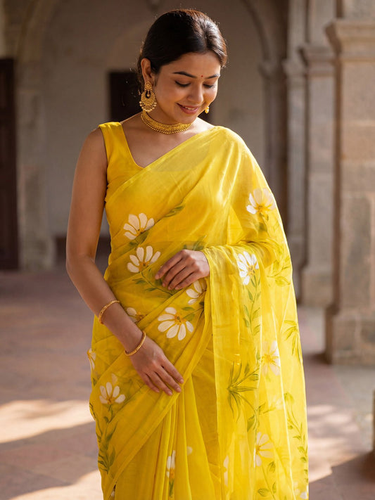 Yellow Floral Hand-Painted Chinnon Saree - Ressa