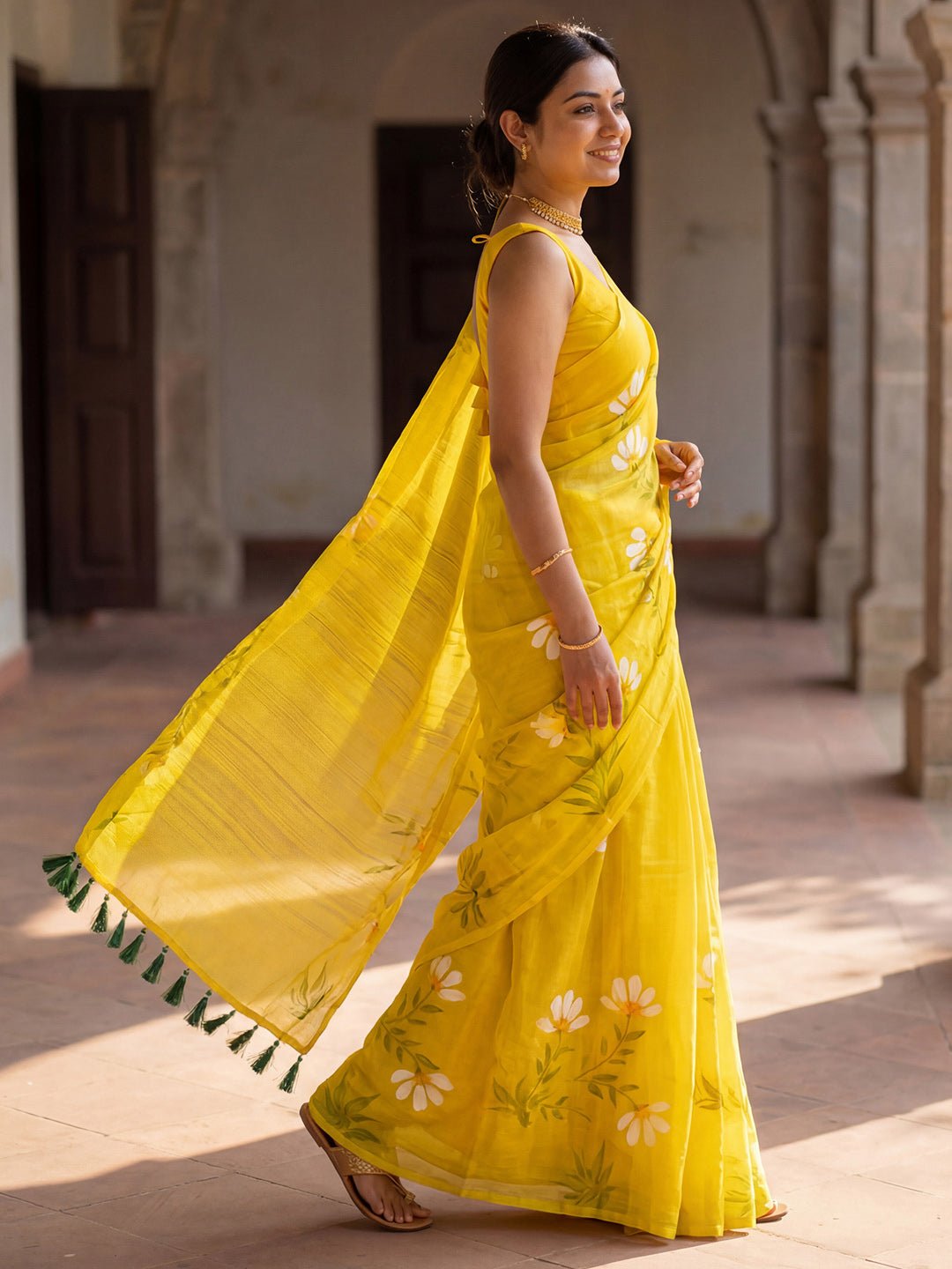 Yellow Floral Hand-Painted Chinnon Saree - Ressa