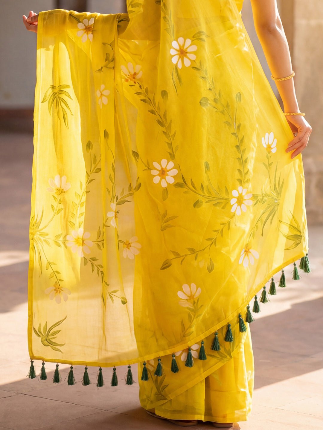 Yellow Floral Hand-Painted Chinnon Saree - Ressa