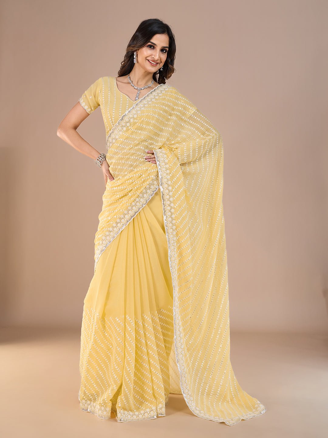 Yellow Georgette Leheriya Style Embroidery Saree - Ressa