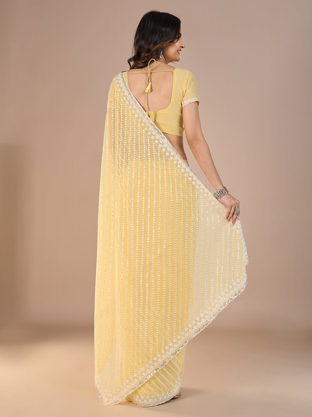 Yellow Georgette Leheriya Style Embroidery Saree - Ressa