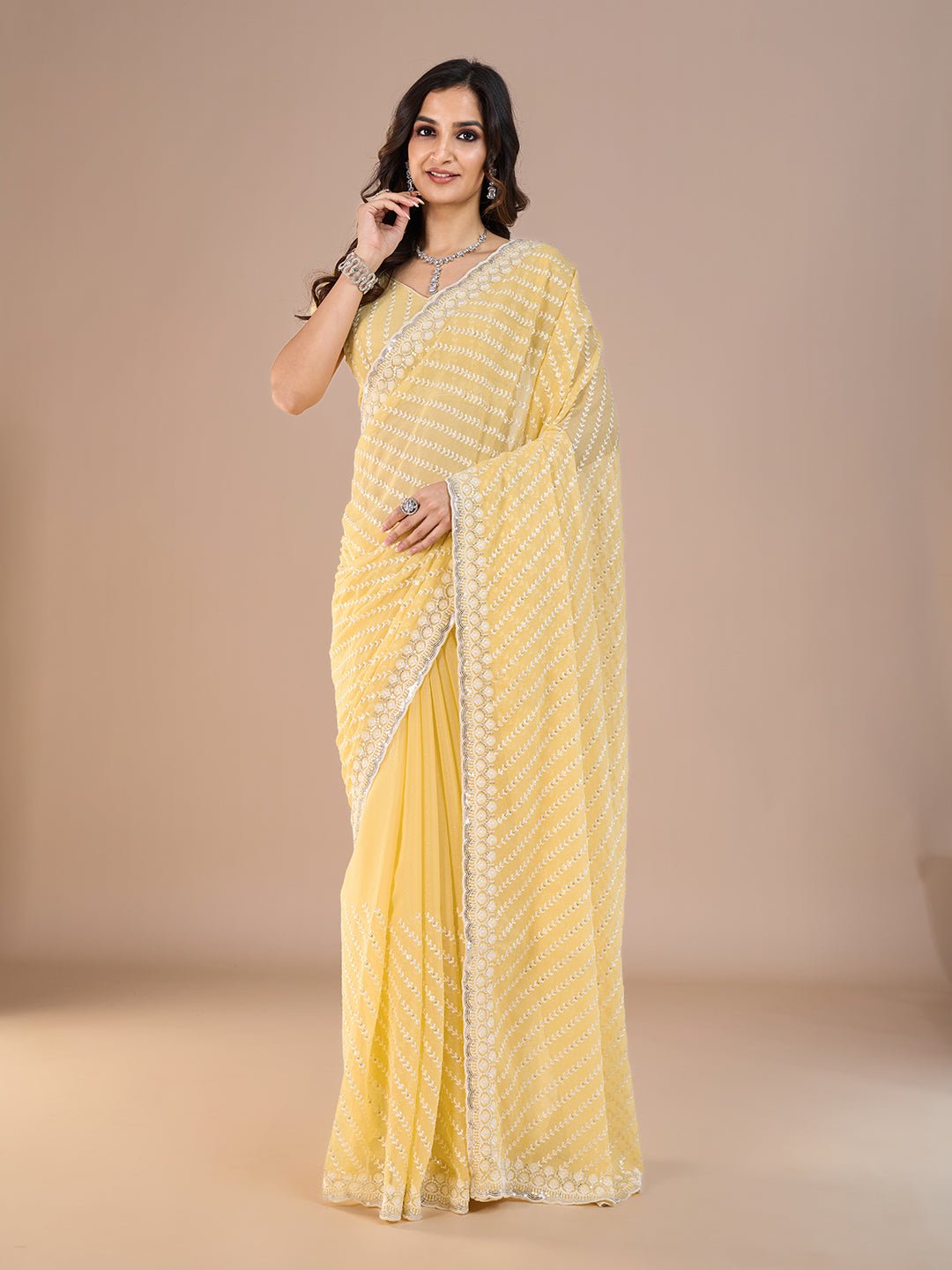 Yellow Georgette Leheriya Style Embroidery Saree - Ressa