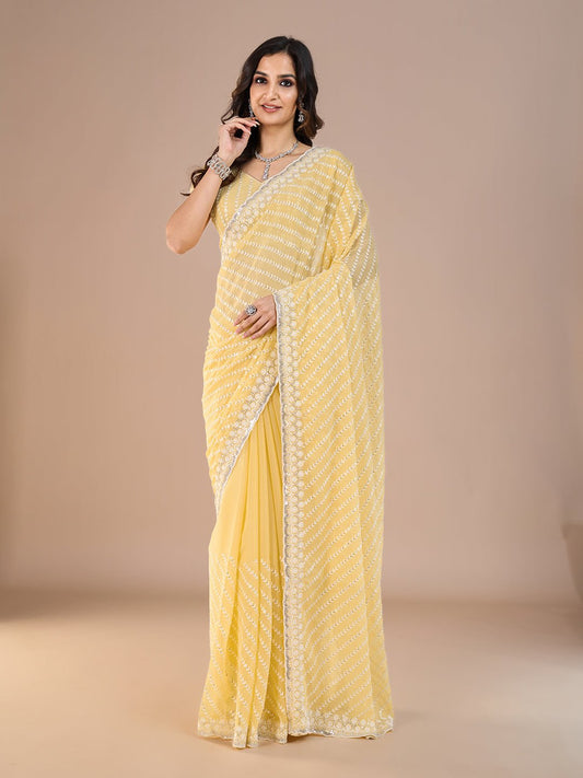 Yellow Georgette Leheriya Style Embroidery Saree - Ressa