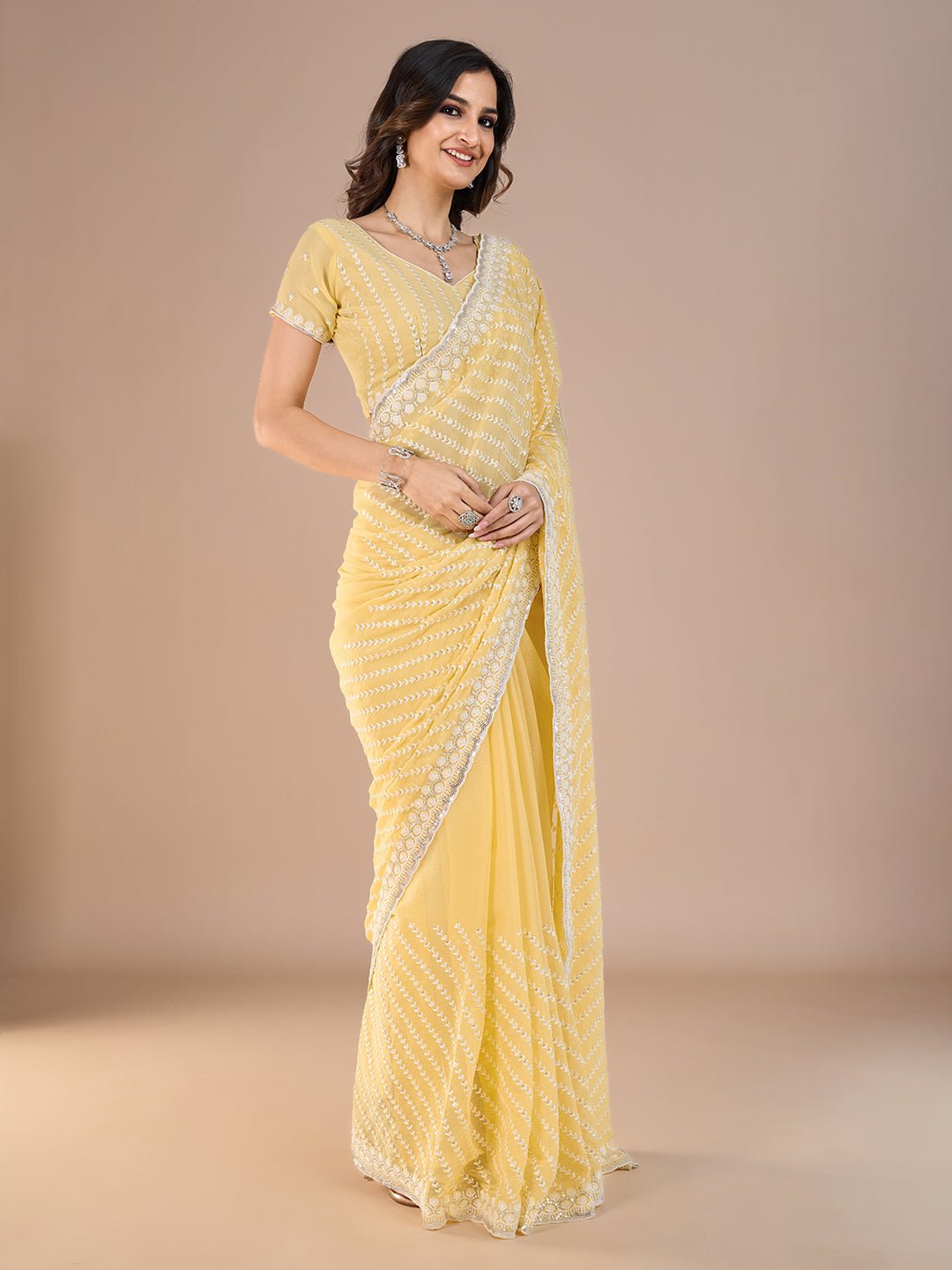 Yellow Georgette Leheriya Style Embroidery Saree - Ressa