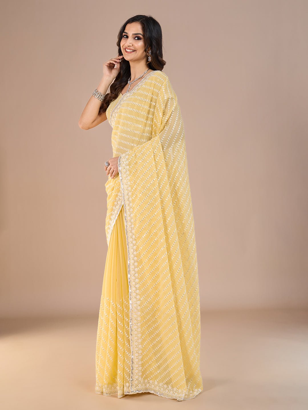 Yellow Georgette Leheriya Style Embroidery Saree - Ressa
