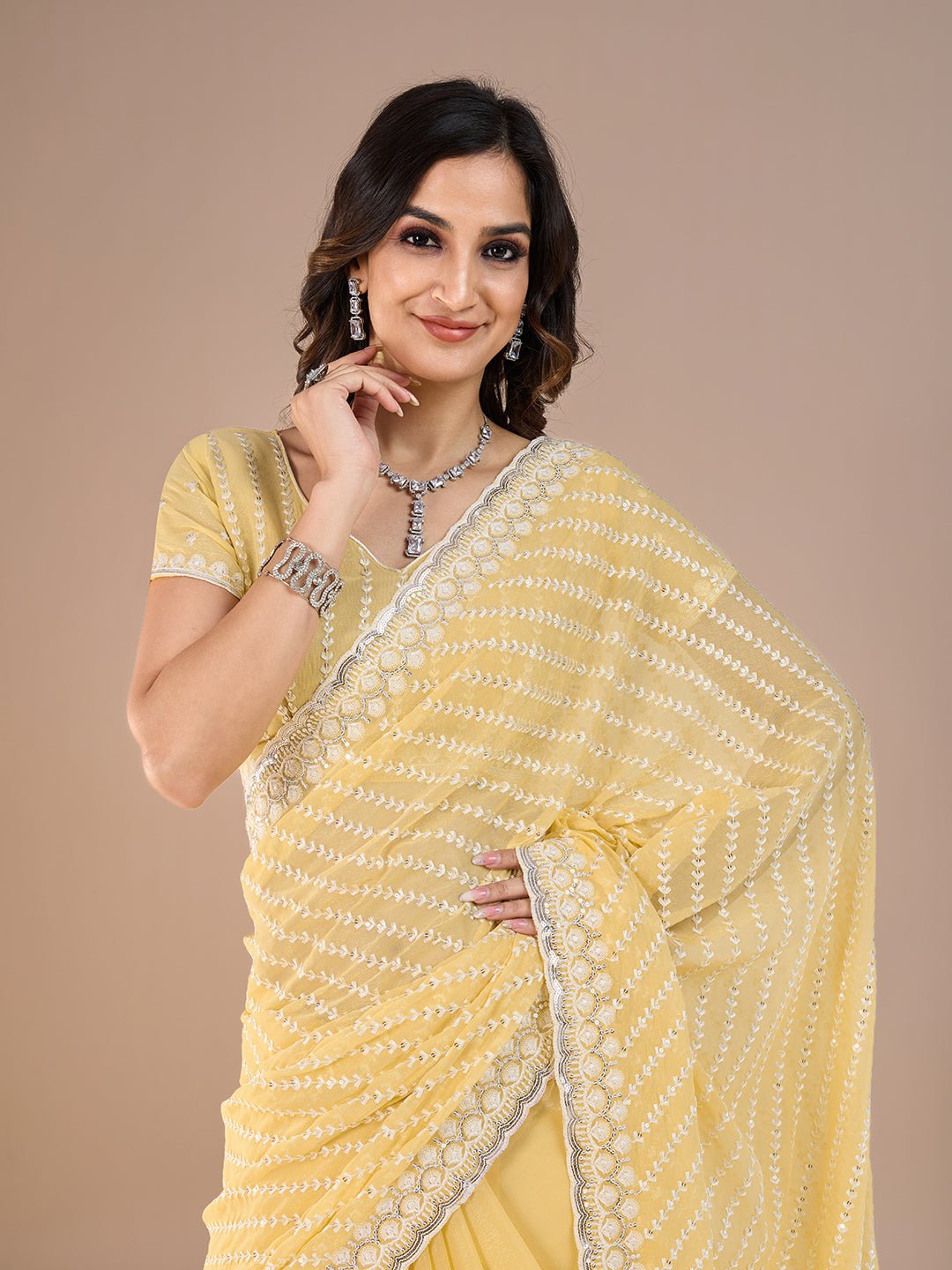 Yellow Georgette Leheriya Style Embroidery Saree - Ressa