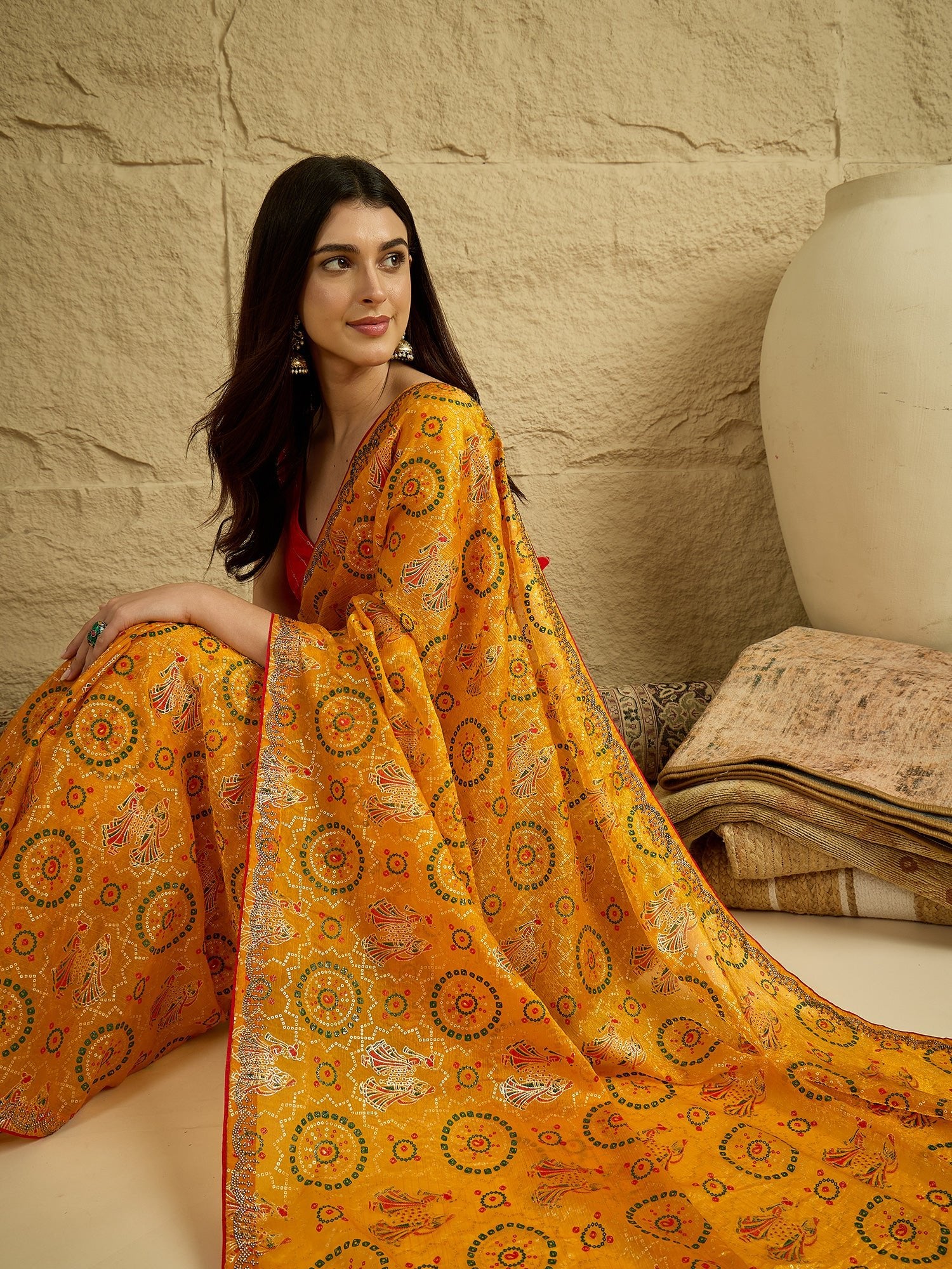 Yellow Georgette Saree with Bandhani Digital Print - Ressa