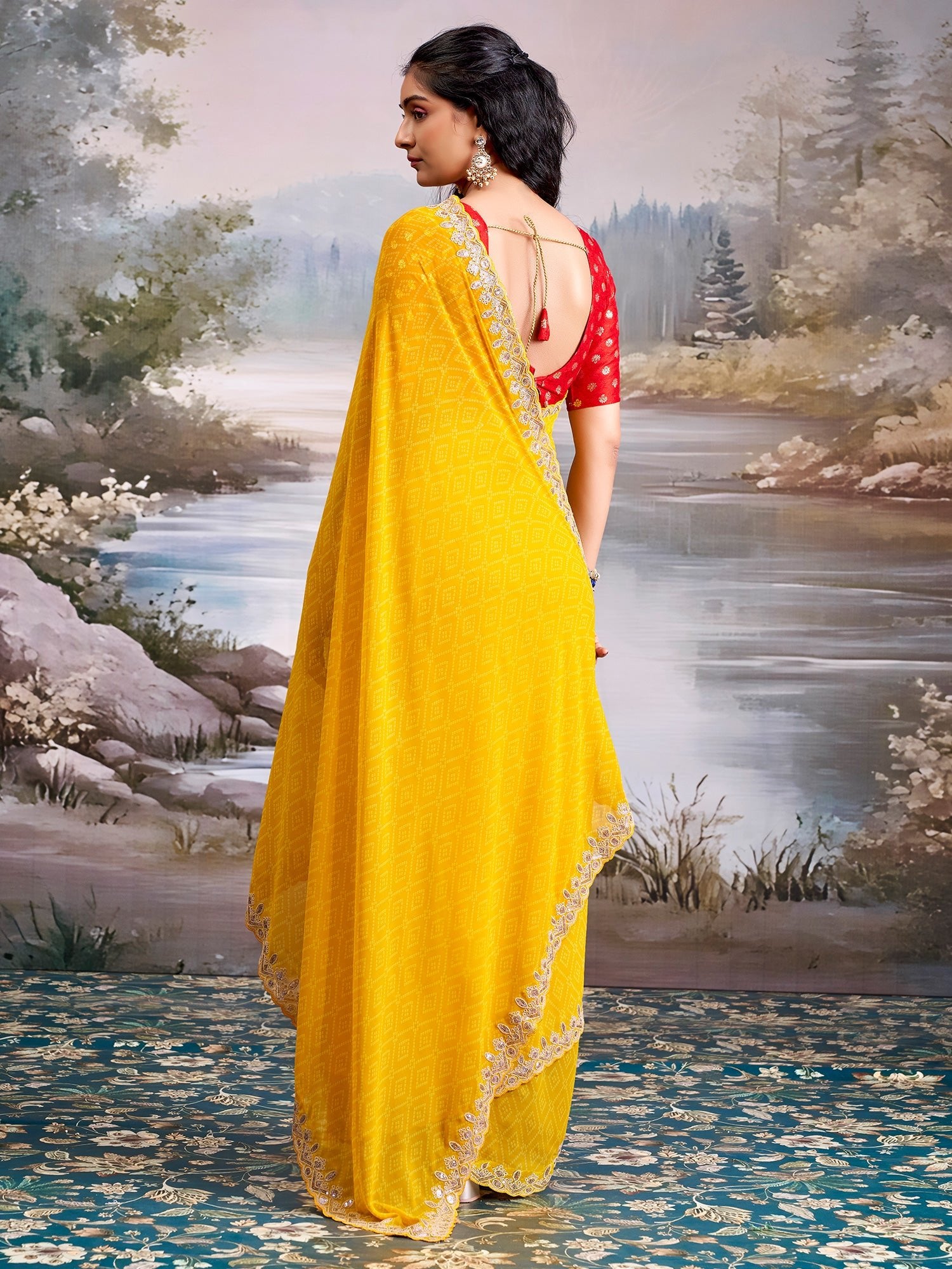 Yellow Georgette Saree with Scalloped Embroidered Border - Ressa