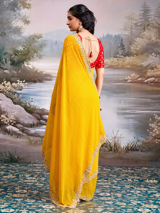 Yellow Georgette Saree with Scalloped Embroidered Border - Ressa