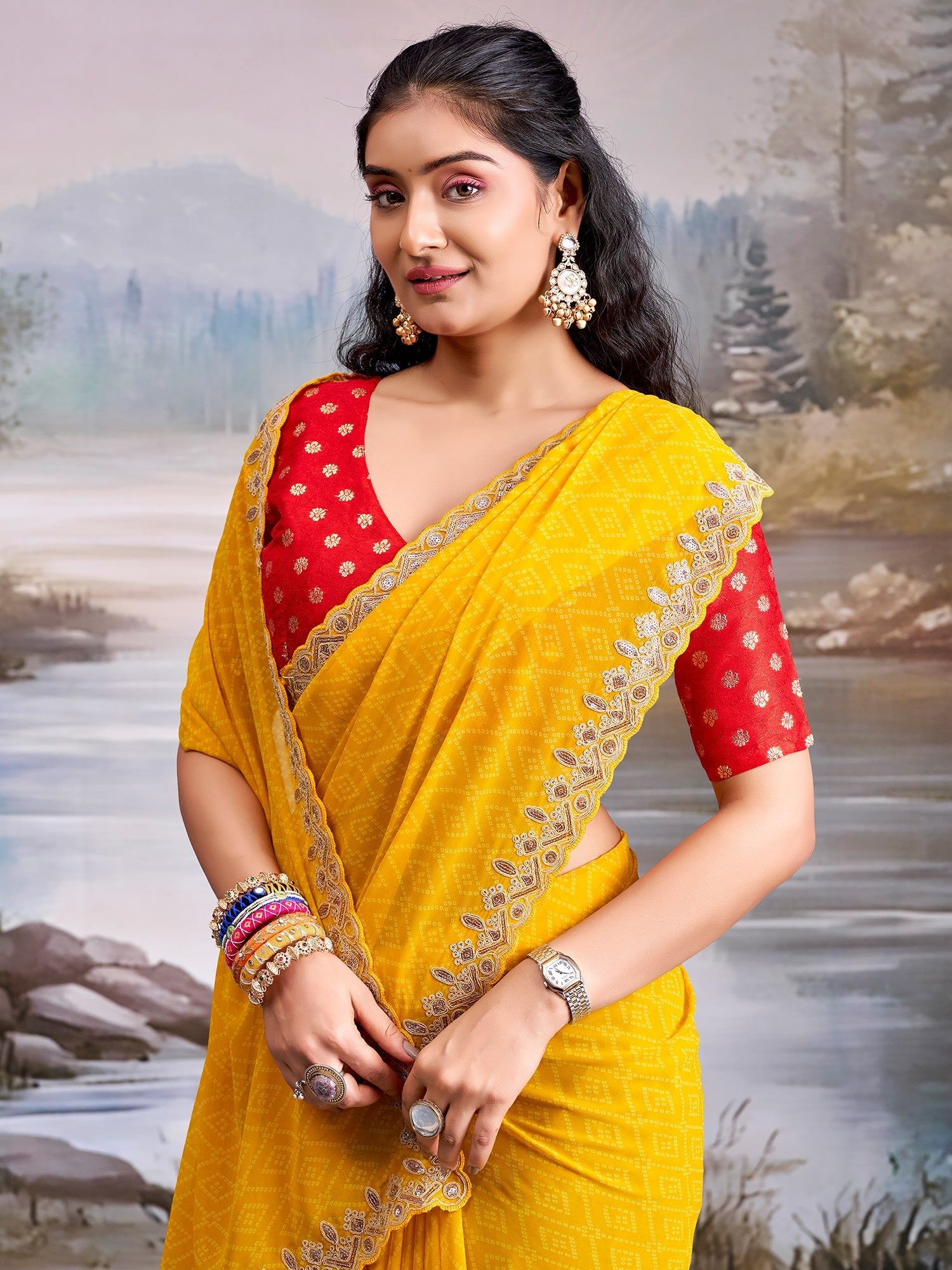 Yellow Georgette Saree with Scalloped Embroidered Border - Ressa