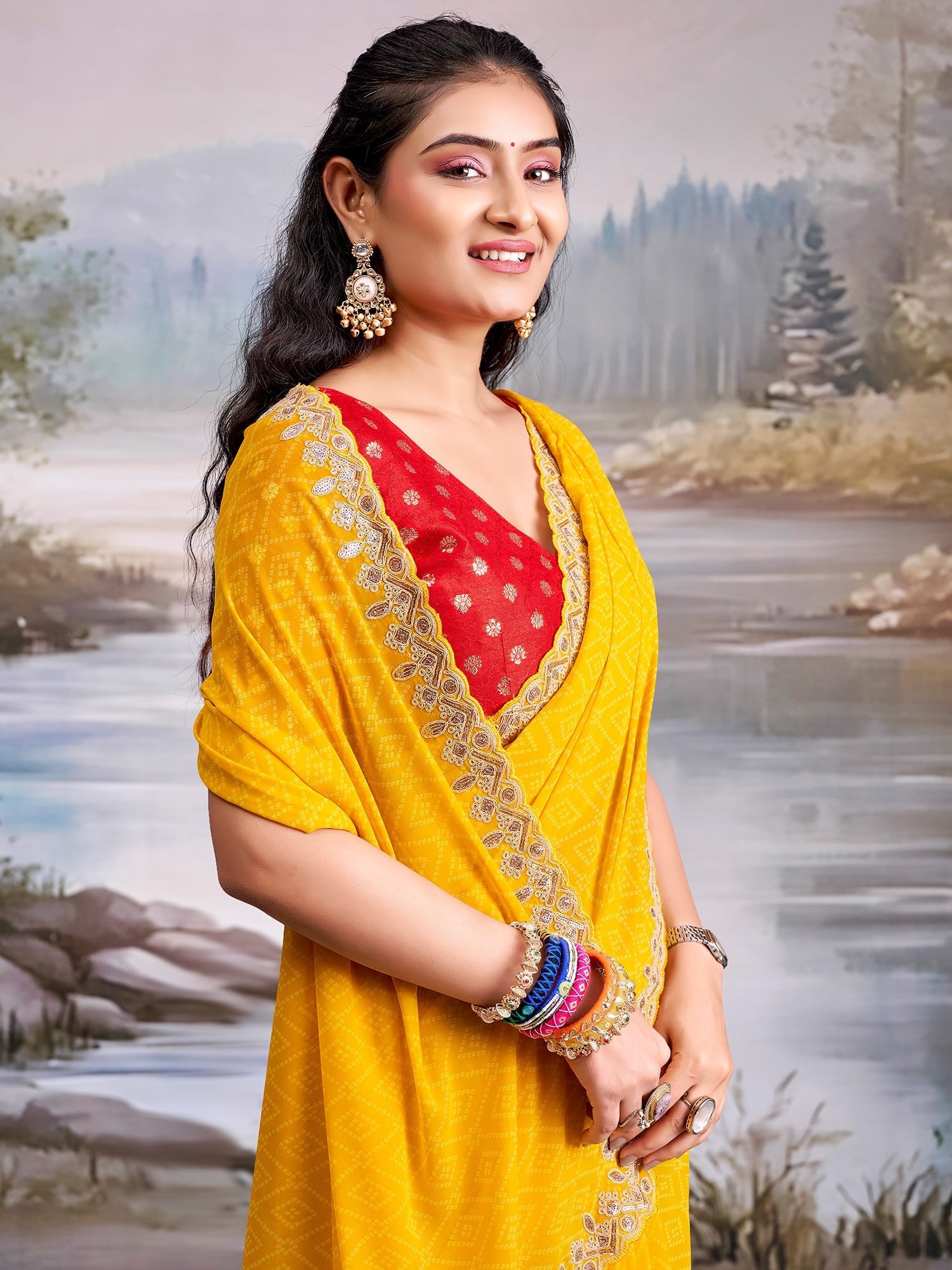 Yellow Georgette Saree with Scalloped Embroidered Border - Ressa