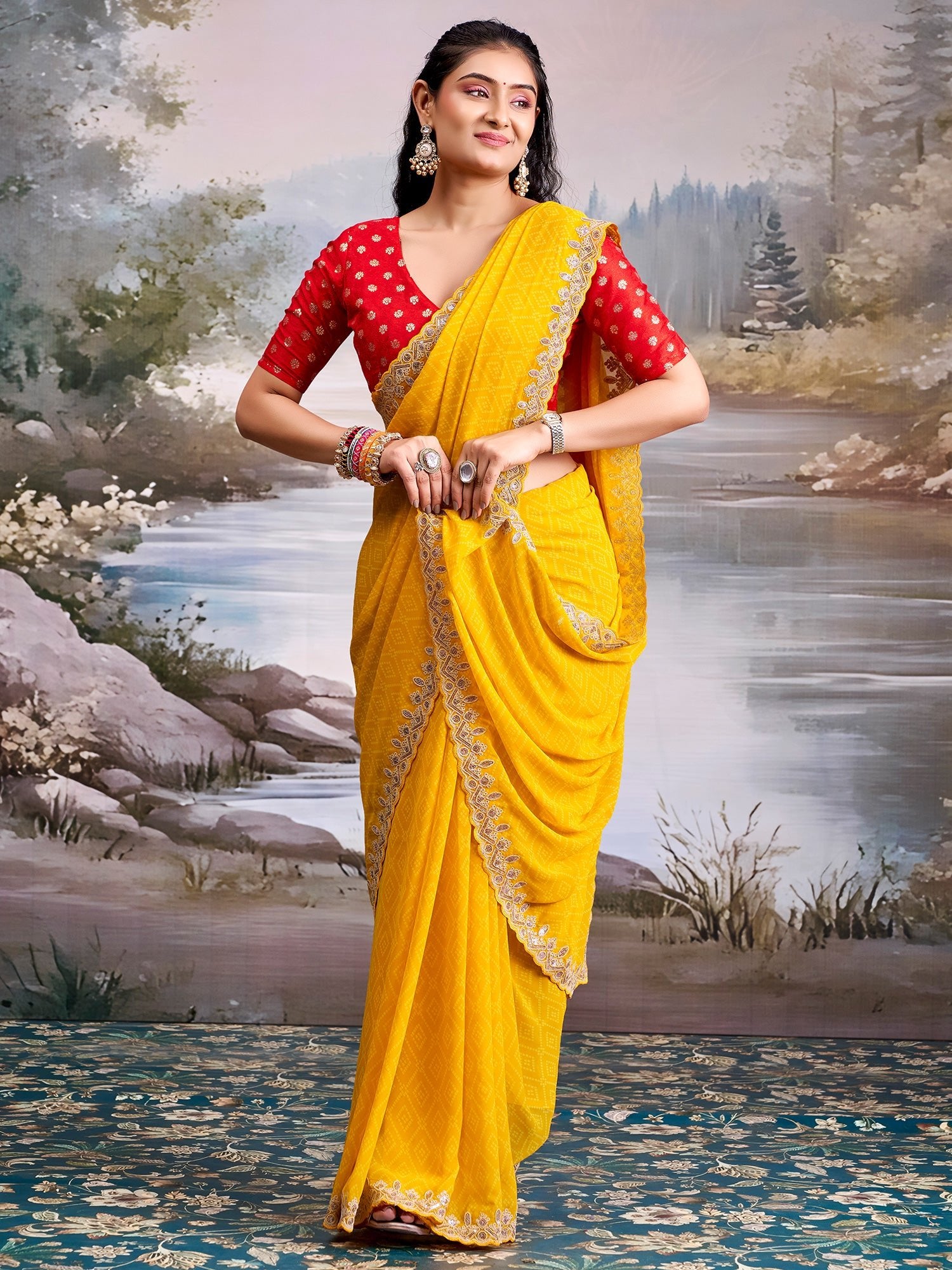 Yellow Georgette Saree with Scalloped Embroidered Border - Ressa