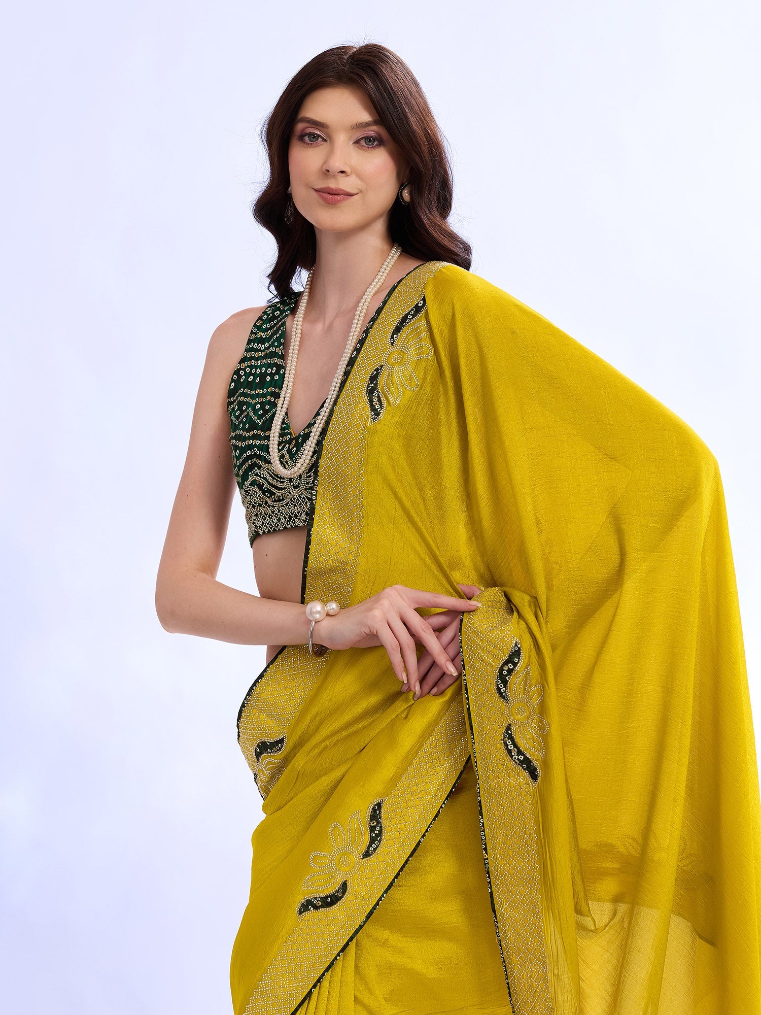 Yellow Georgette Saree with Sequin Border & Bandhani Blouse - Ressa