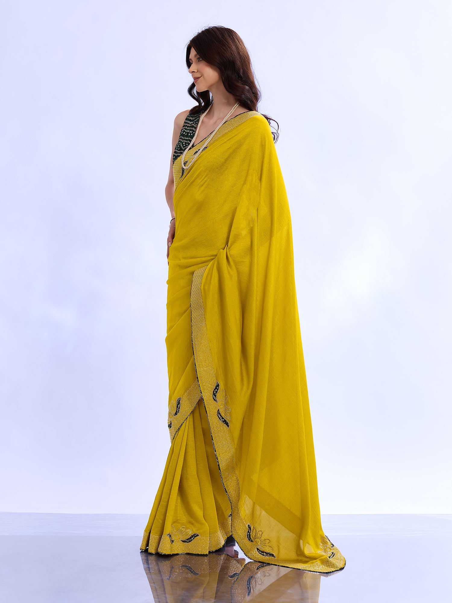 Yellow Georgette Saree with Sequin Border & Bandhani Blouse - Ressa