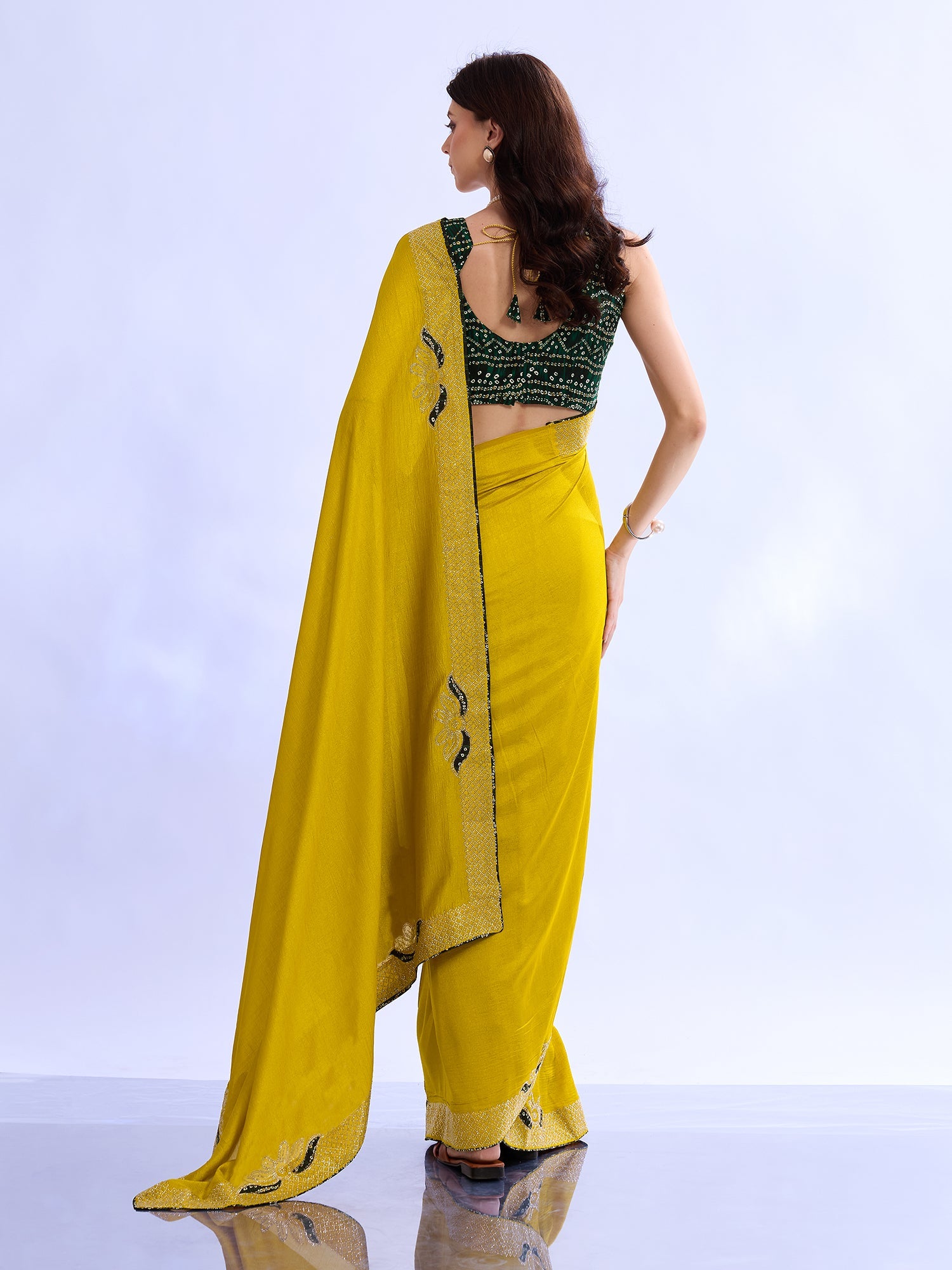 Yellow Georgette Saree with Sequin Border & Bandhani Blouse - Ressa