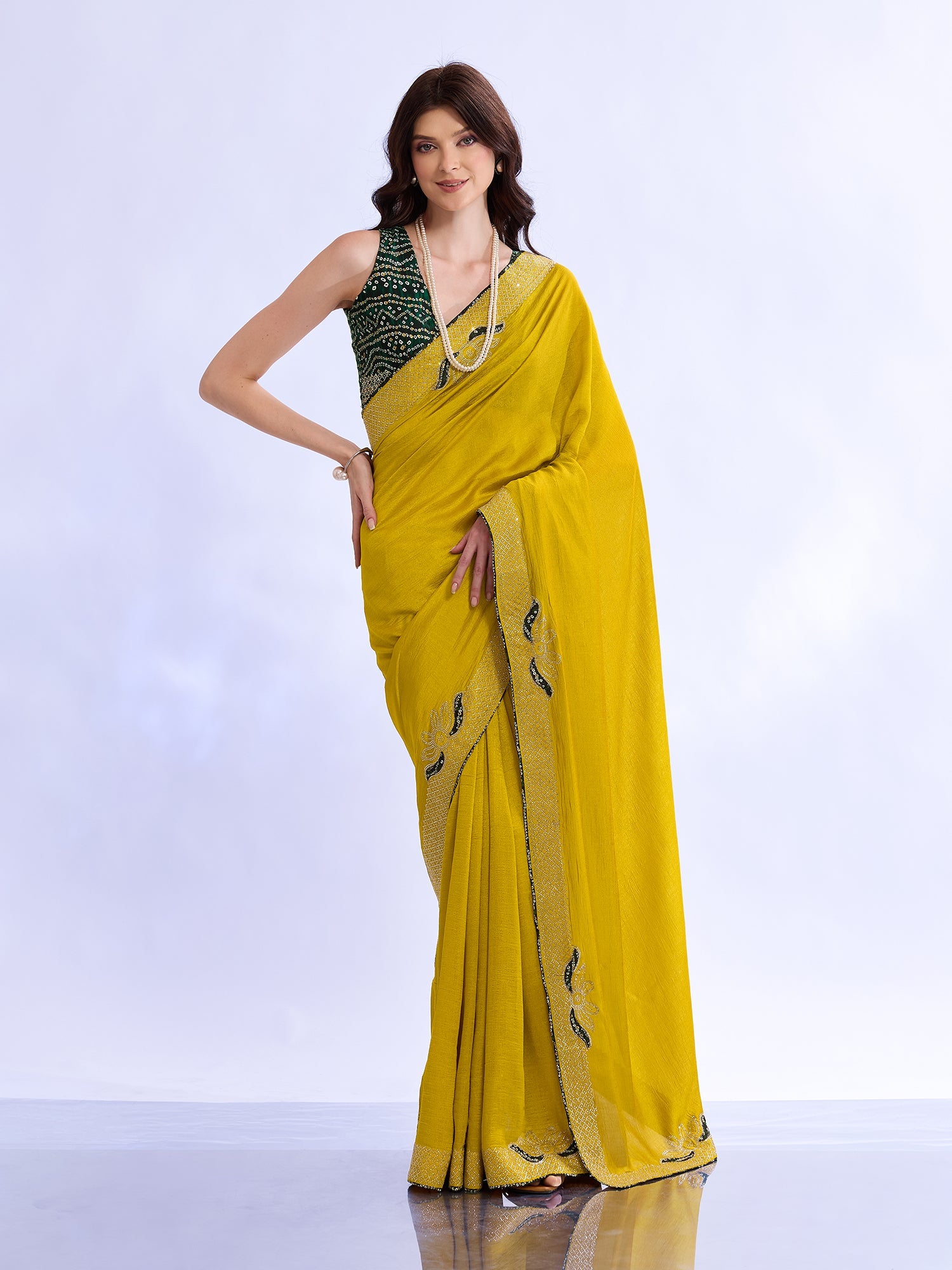 Yellow Georgette Saree with Sequin Border & Bandhani Blouse - Ressa