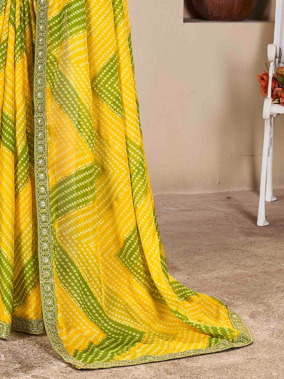 Yellow & Green Bandhani Saree - Ressa