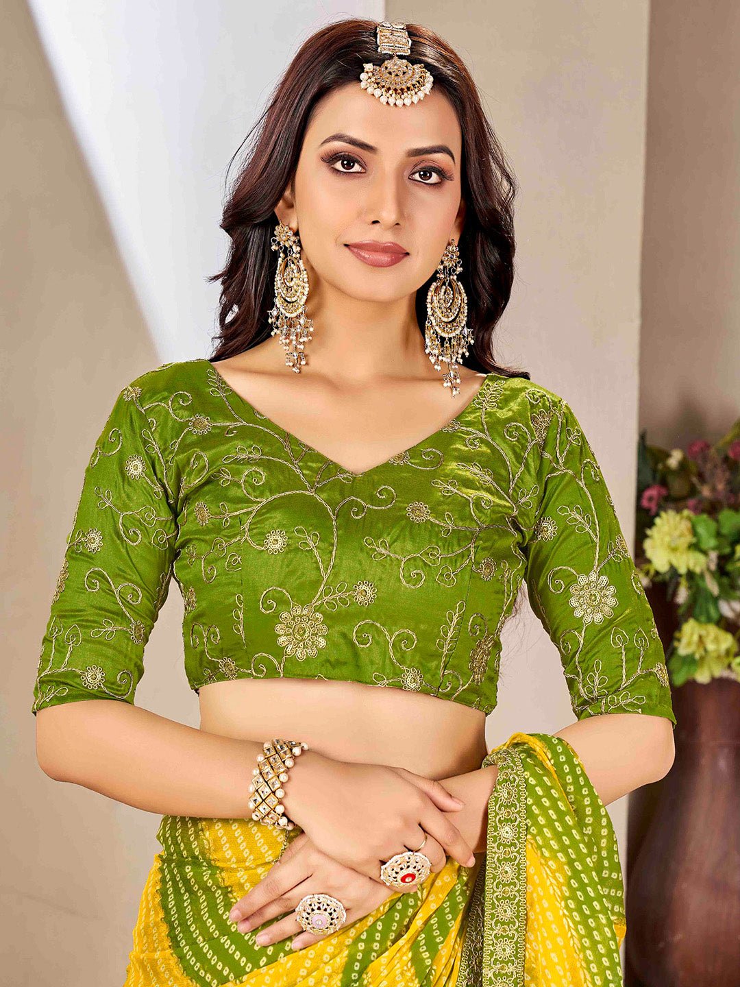 Yellow & Green Bandhani Saree - Ressa
