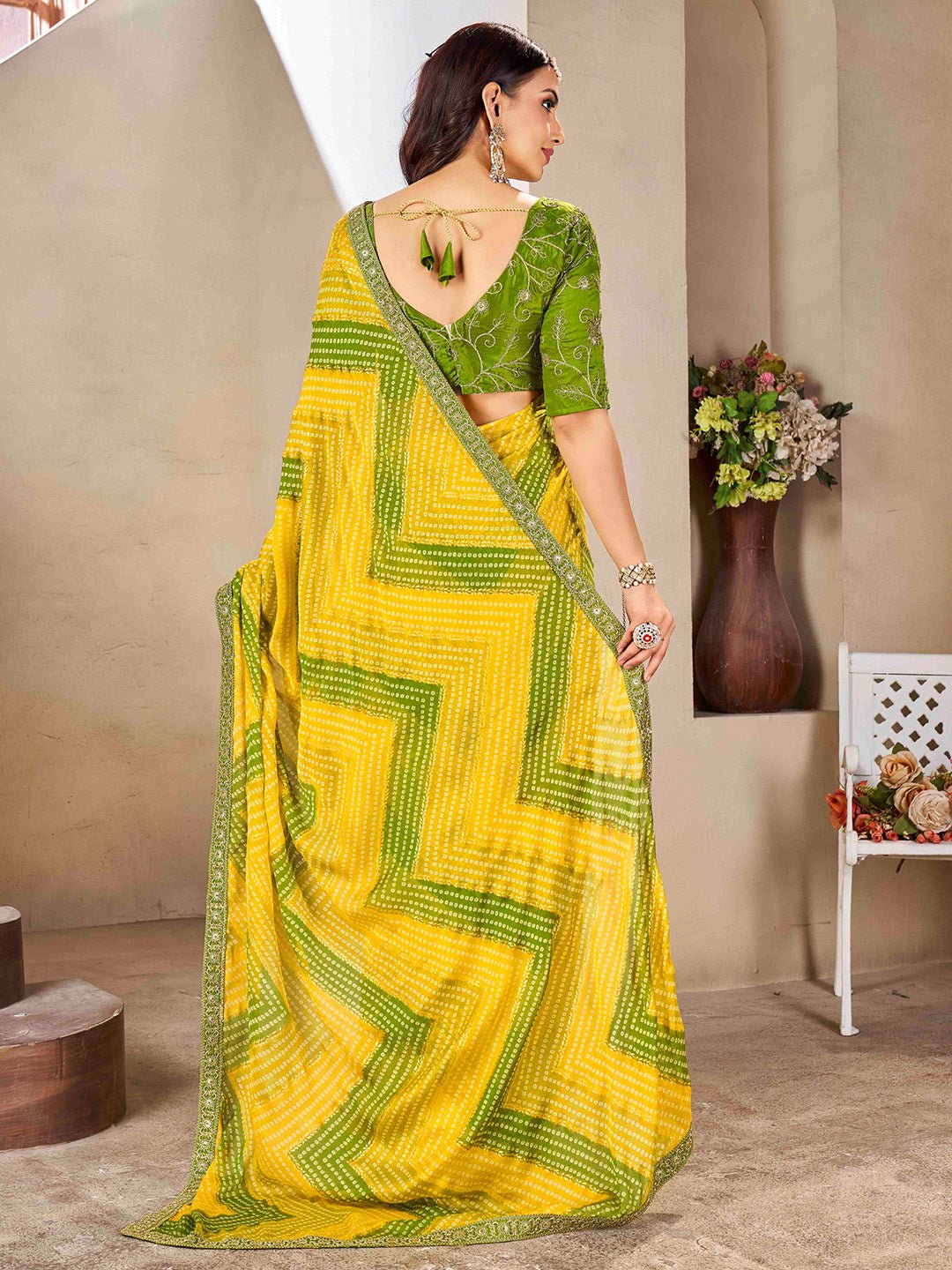 Yellow & Green Bandhani Saree - Ressa