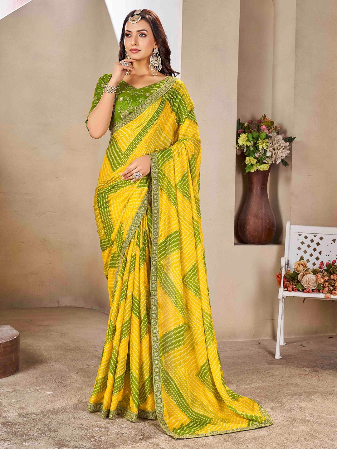 Yellow & Green Bandhani Saree - Ressa