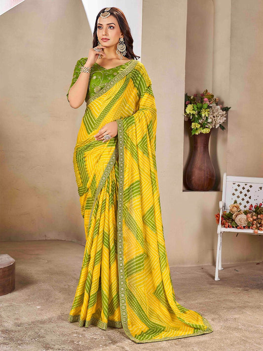 Yellow & Green Bandhani Saree - Ressa