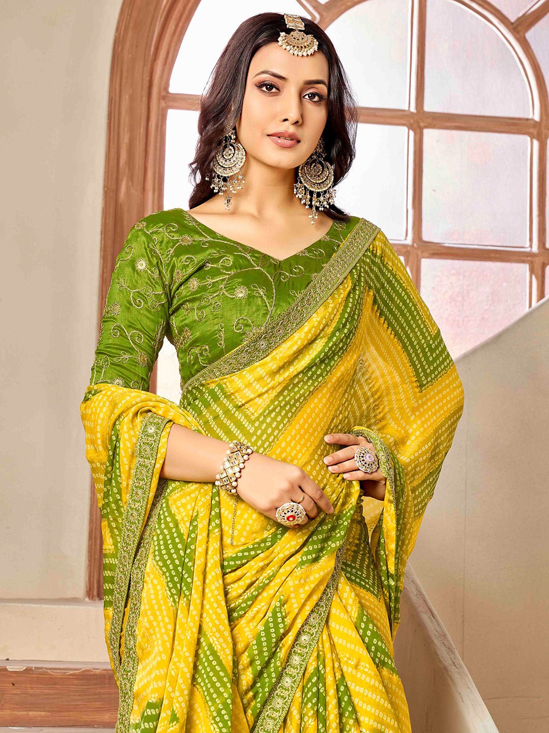 Yellow & Green Bandhani Saree - Ressa
