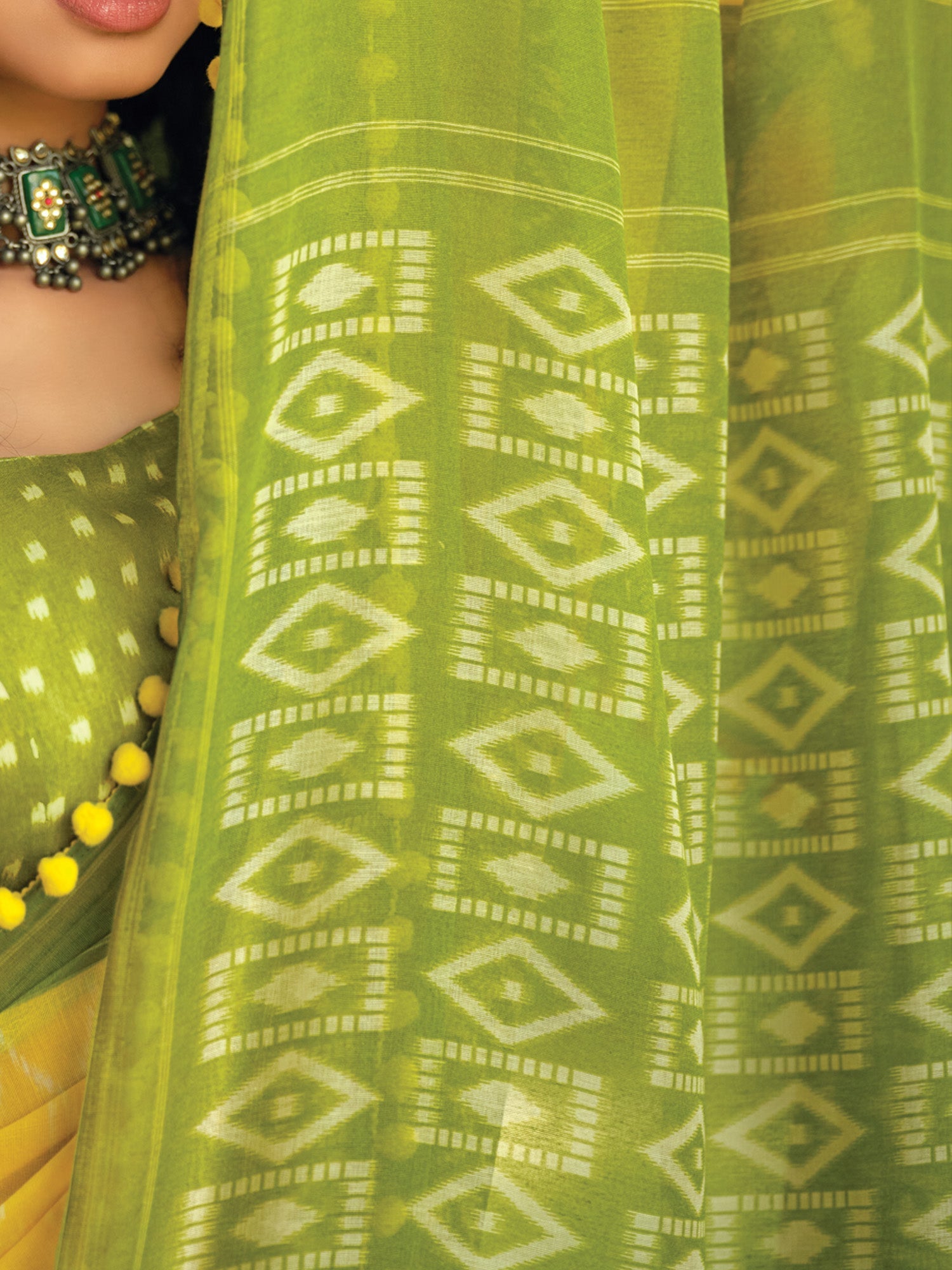 Yellow & Green Ikkat Geometric Print - Ressa