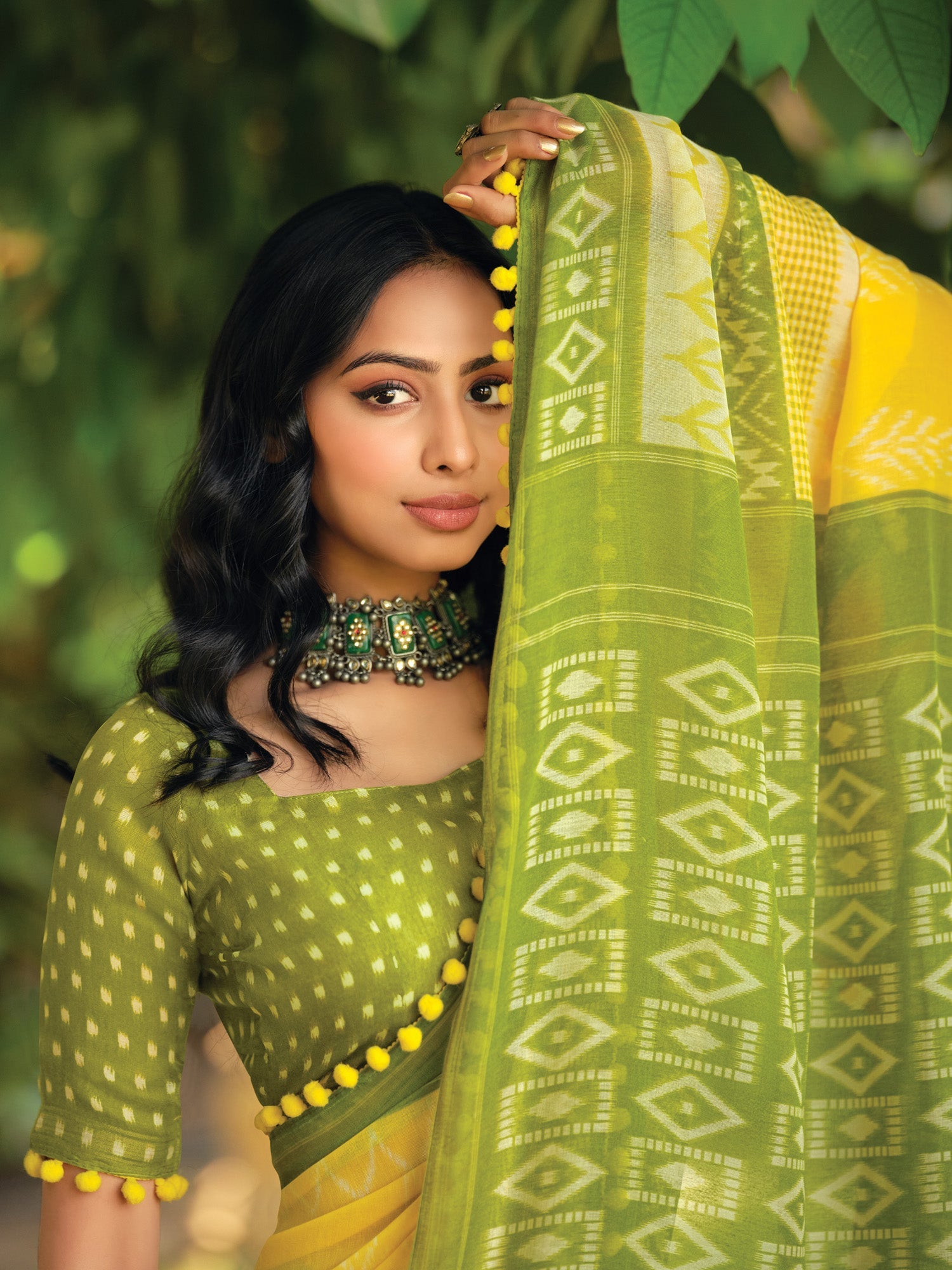 Yellow & Green Ikkat Geometric Print - Ressa