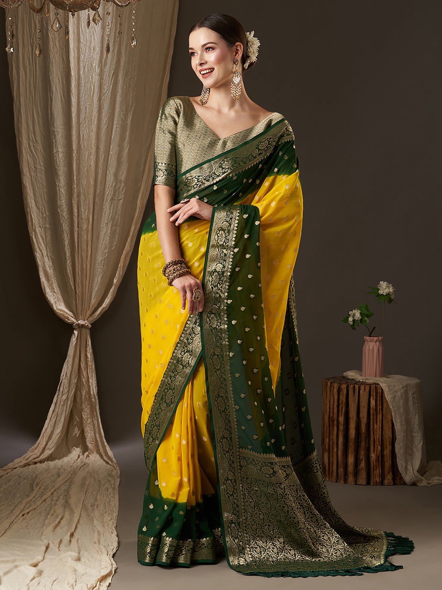 Yellow Green Ombre Floral Georgette Saree - Ressa