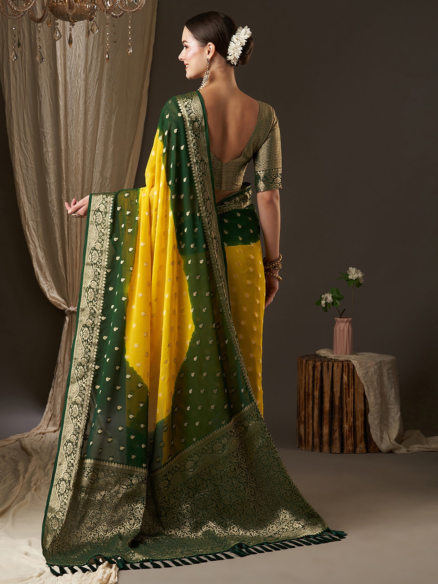 Yellow Green Ombre Floral Georgette Saree - Ressa