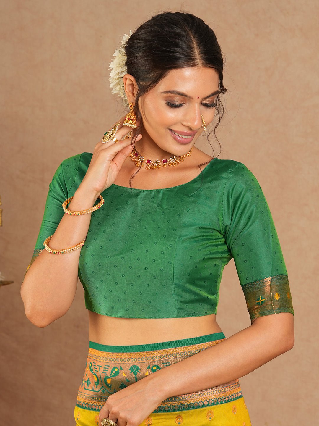 Yellow & Green Silk Blend Heritage Banarasi Style Saree - Ressa